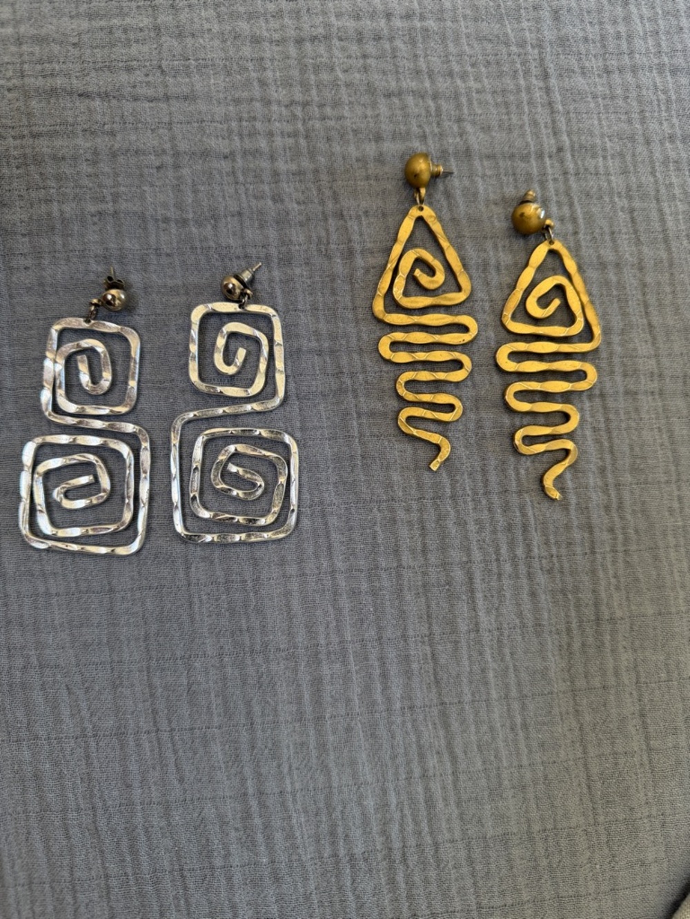 Gold and Silver Spiral Drop Earrings - Tribal-Inspired Dangles EUC